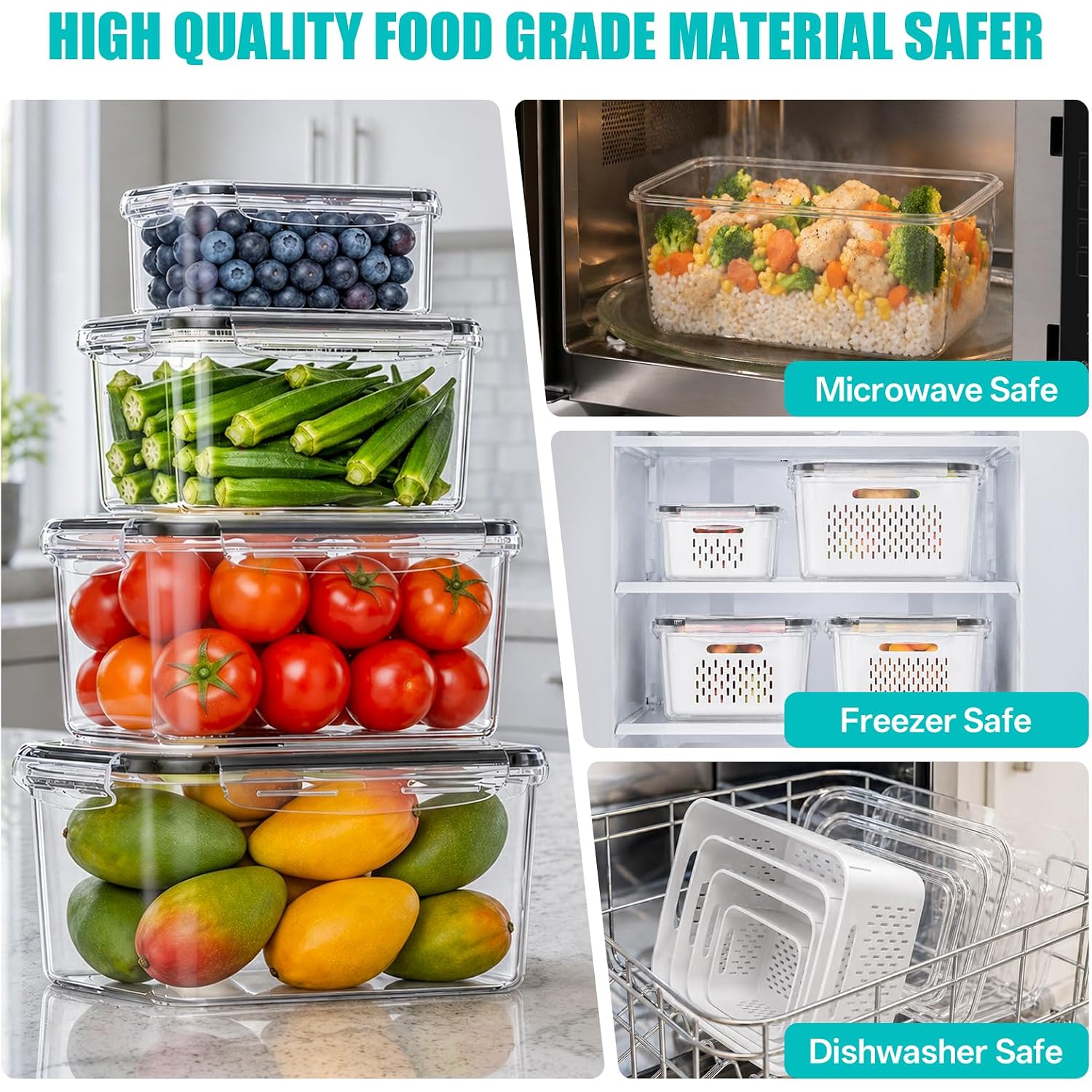 Hometall 4 Pack Fruit Storage Containers For Fridge Set, Produce Containers For Fridge With Strainer, Plastic Reusable Fridge Organizers And Storage For Berry Salad Lettuce, Size 3.4, 1.8, 0.9, 0.4Qt