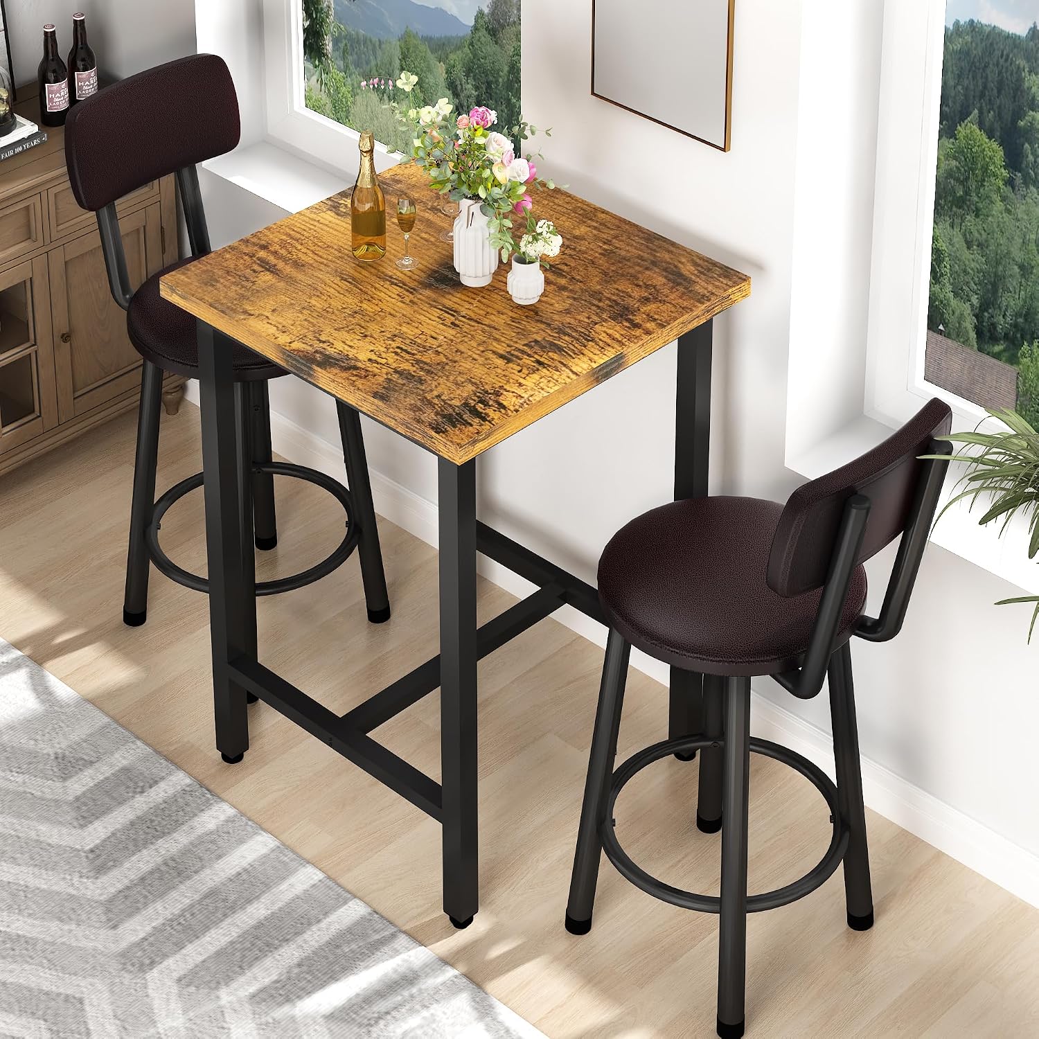 Recaceik 3 Piece Pub Dining Set, Modern Bar Table And Stools For 2 Kitchen Counter Height Wood Top Bistro Easy Assemble For Breakfast Nook Living Room Small Space Restaurant