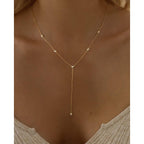 LuckFairy Lariat Necklace for Women，Dainty Gold Long Necklaces 14k Gold Plated CZ Lips Bead Y-Shaped Drop Chain Necklace Simple Gold Layered Necklaces for Women Trendy Gold Jewelry Gifts for Women