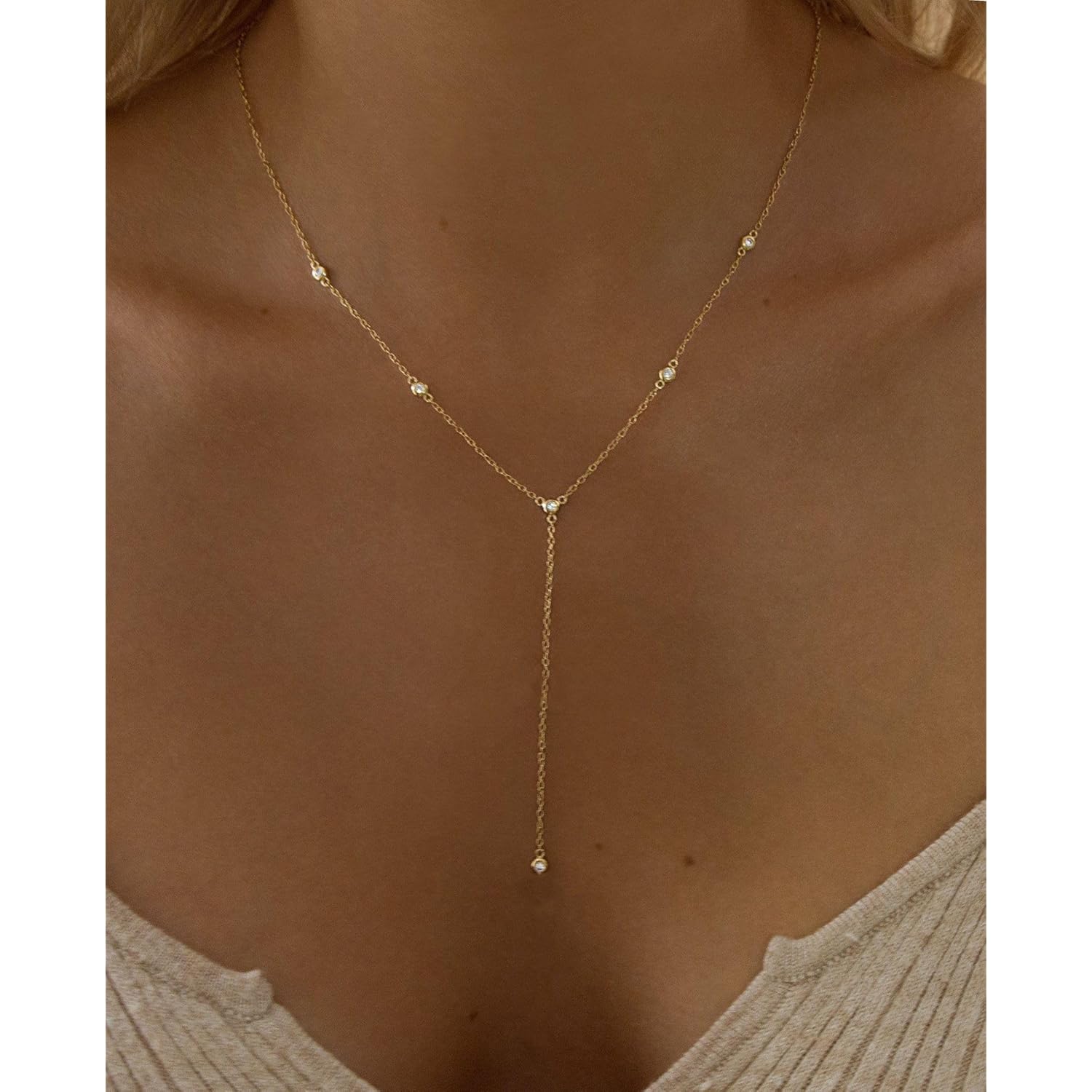 LuckFairy Lariat Necklace for Women，Dainty Gold Long Necklaces 14k Gold Plated CZ Lips Bead Y-Shaped Drop Chain Necklace Simple Gold Layered Necklaces for Women Trendy Gold Jewelry Gifts for Women