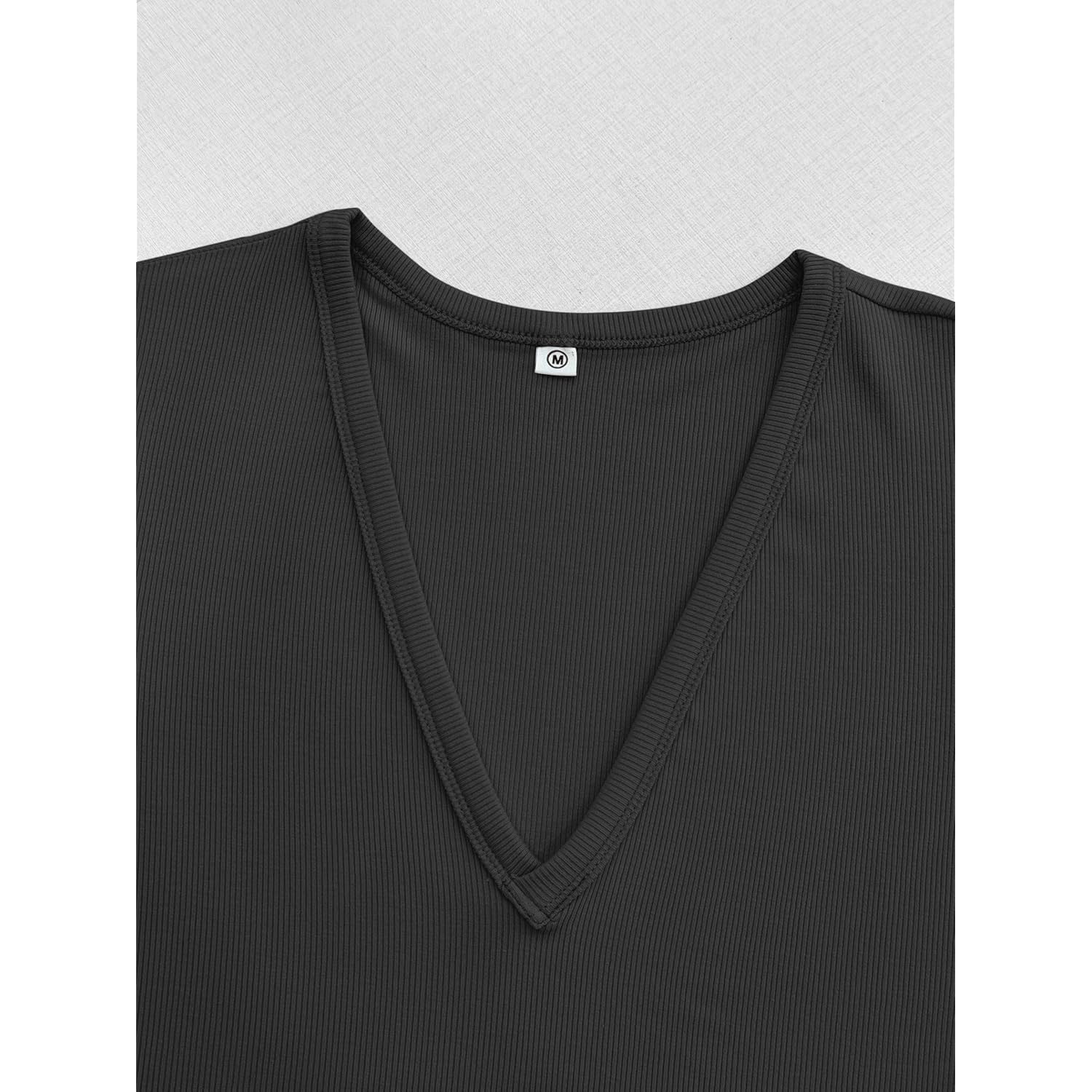 Women Short Sleeve T-Shirt Cap V Neck Shirts for Women Ribbed Casual Top Knit Slim Fit for Summer