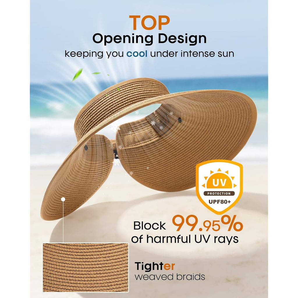 FURTALK Sun Visor Hats for Women Beach Hat Ponytail Summer UPF 80+ Beach Vacation Essentials Packable Wide Brim