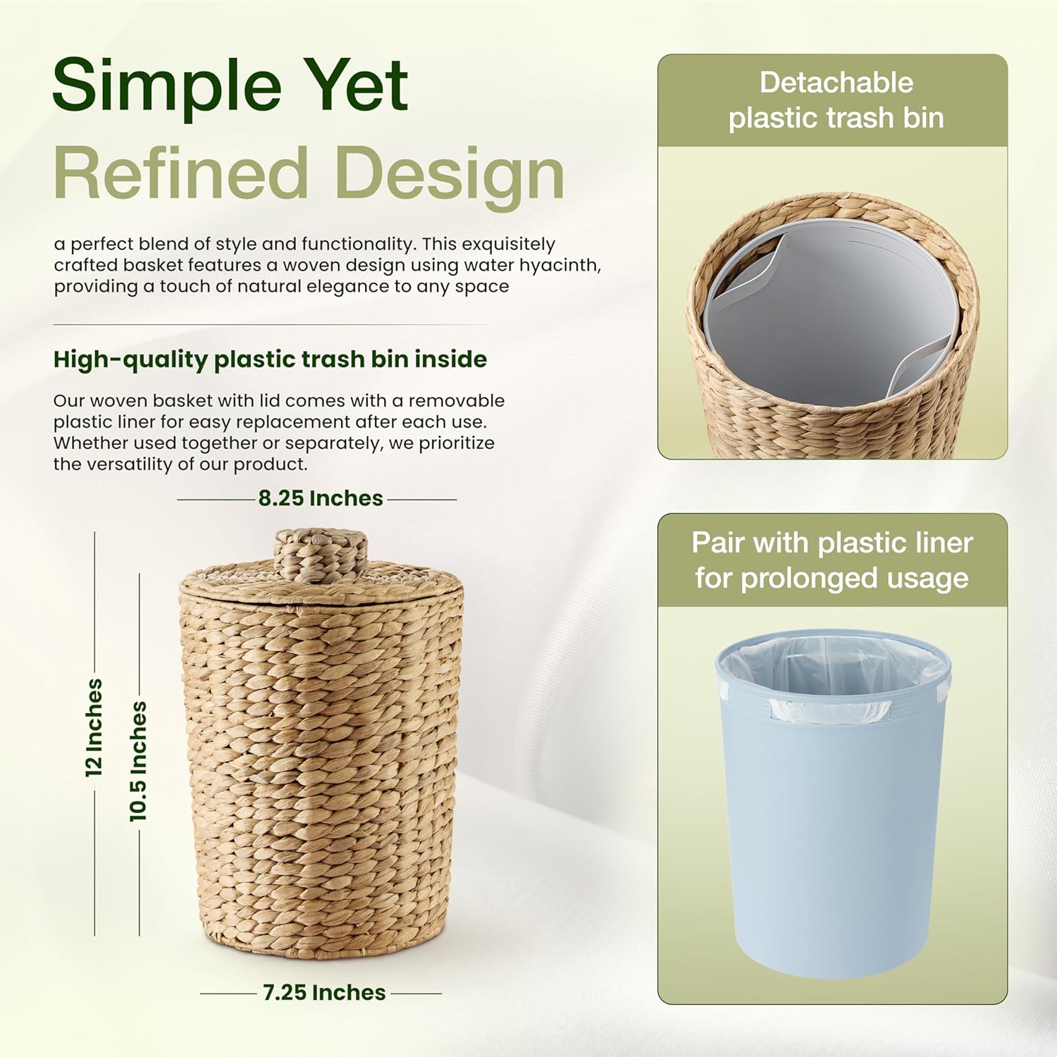 Tidita 2 Gallons Wicker Waste Basket - Water Hyacinth Bathroom Garbage Can With A Lid - Bathroom Trash Can Boho Style - Wicker Trash Can With Lid For Household, Kitchen - Removable Liner, Iron Frame
