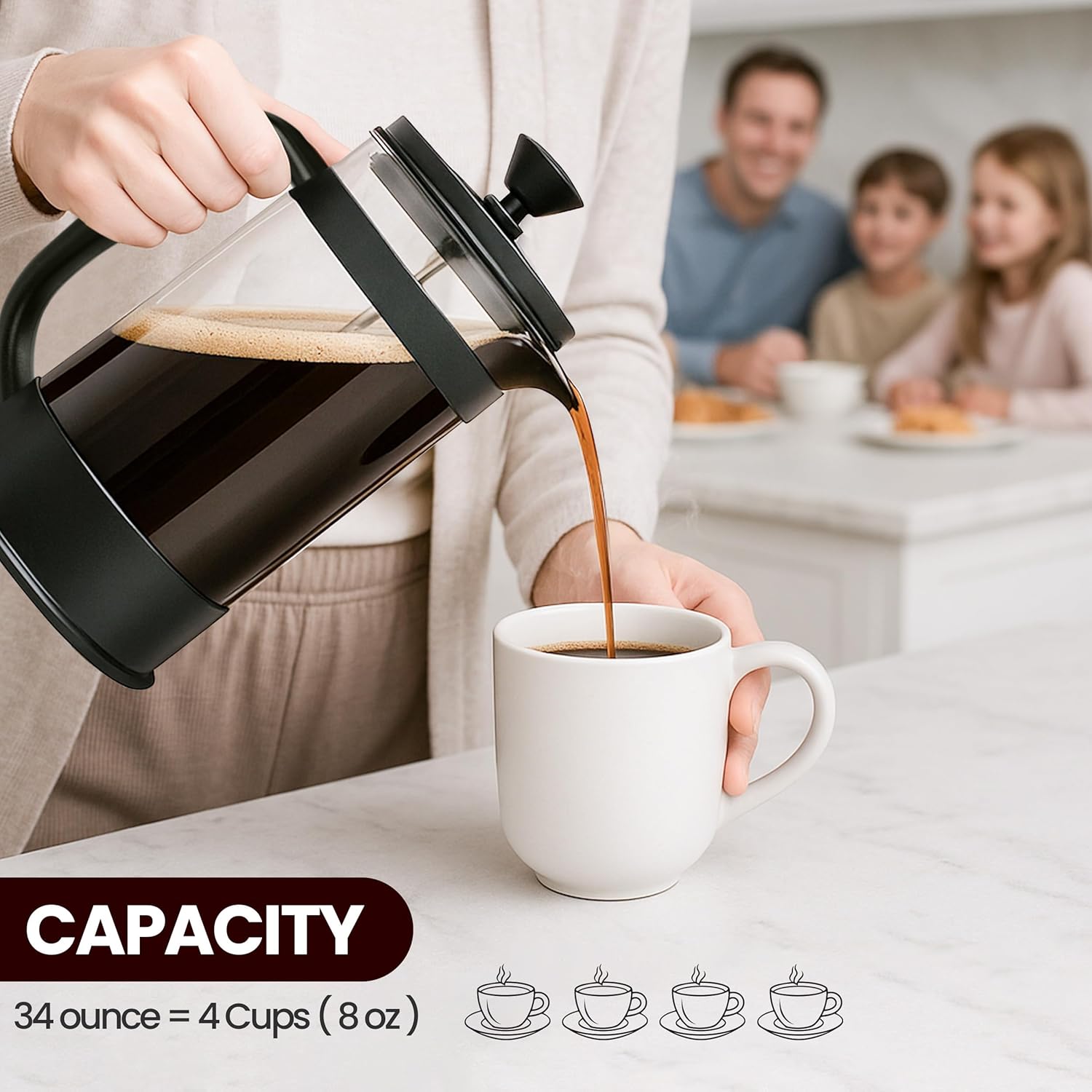 Utopia Kitchen Borosilicate Glass French Press Coffee Maker 34 Oz, Heat-Resistant Cafetiere & Tea Maker, Thickened Glass Coffee Press for Travel and Camping, Black