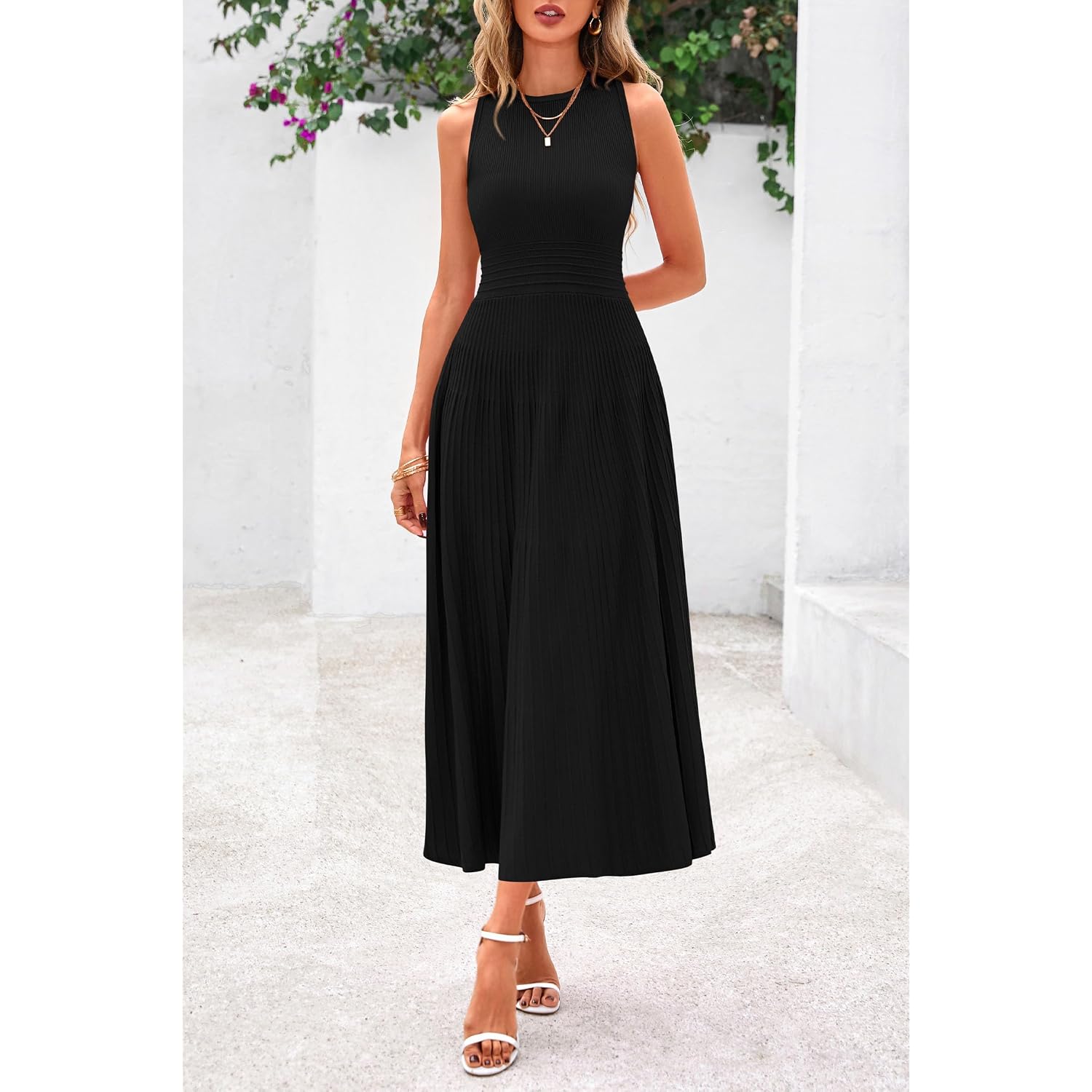 Prettygarden Spring Casual Dresses For Women 2026 Summer Business Work Midi Sleeveless A Line Pleated Cocktail Dress