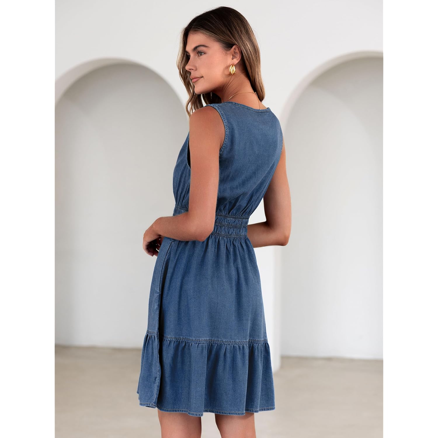 Berrygo Womens Denim Dress Sleeveless Summer Casual Jean Dress Tiered Cowgirl Country Mini Soft Light Chambray With Pockets