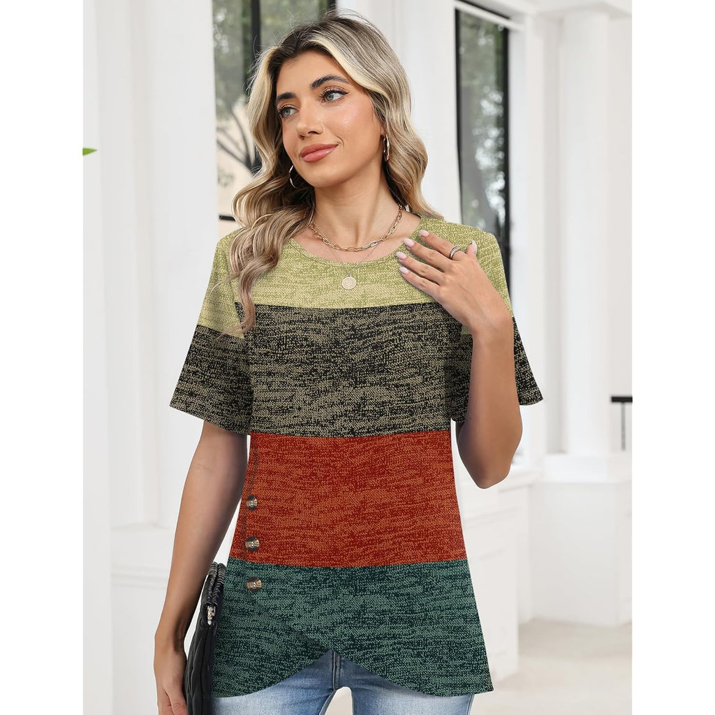 Womens Tops Short Sleeve Shirts Crew Neck Tunic with Buttons Spring Summer Outfits for Women Trendy 2026
