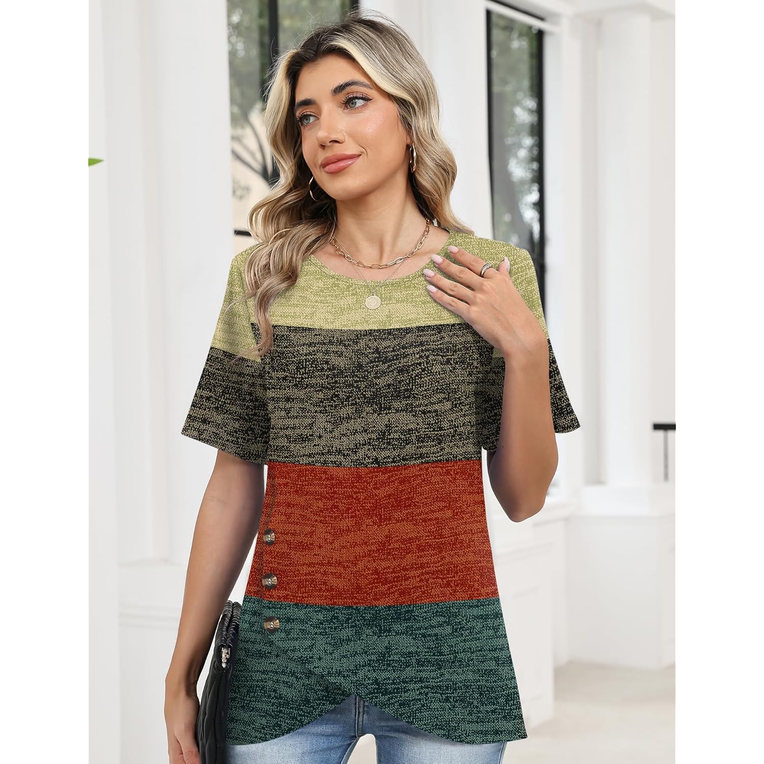 Womens Tops Short Sleeve Shirts Crew Neck Tunic with Buttons Spring Summer Outfits for Women Trendy 2026