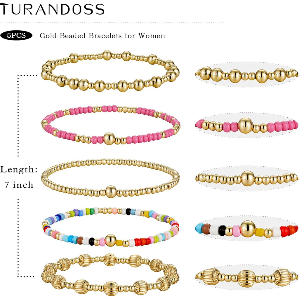 Turandoss Mothers Day Gifts for Mom Daughter - 14K Gold Plated Gold Beaded Bracelets for Women Teen Girls Stackable Turquoise Cross Bead Bracelet Pearl Bracelets Set for Women Mothers Day Gift for Mom