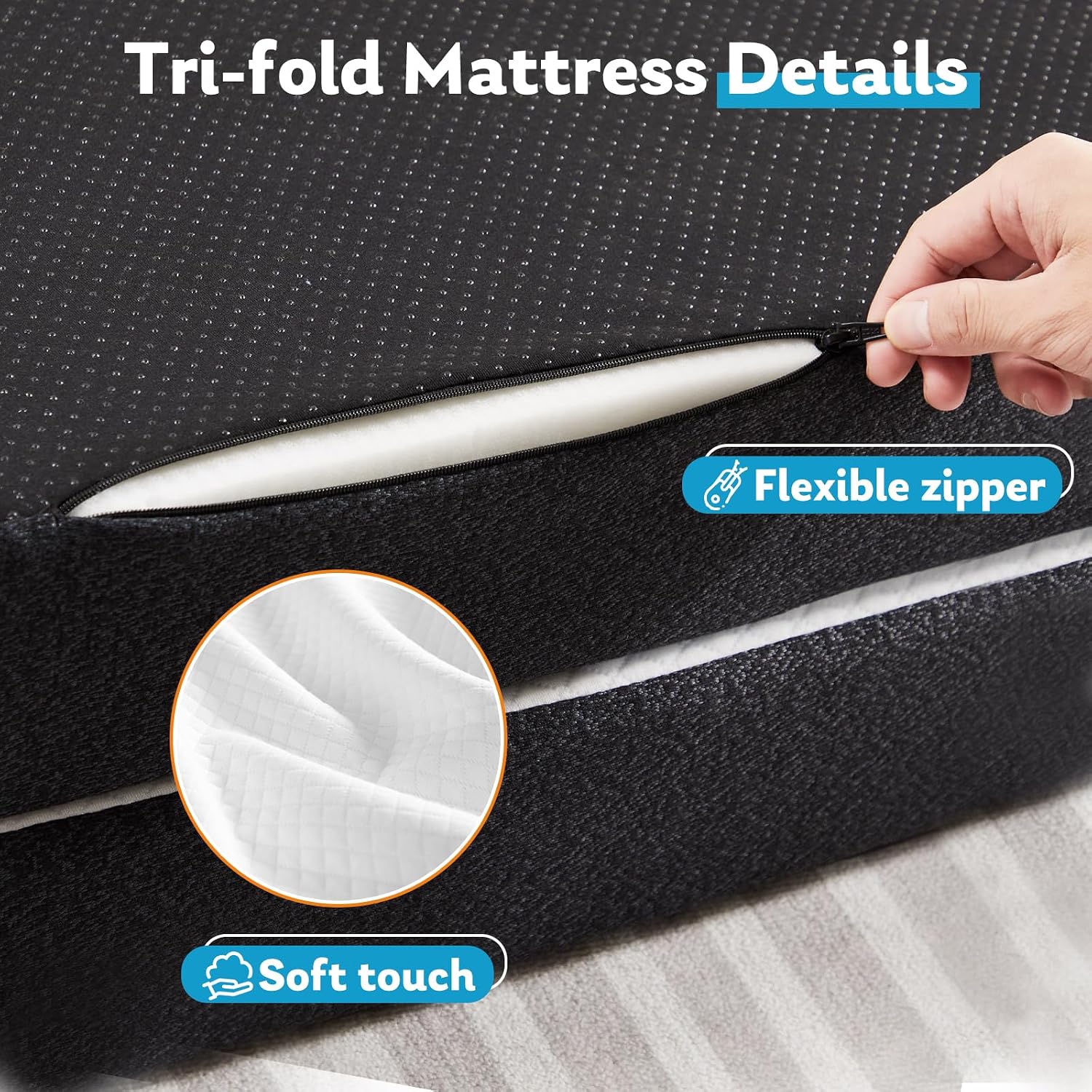Folding Memory Foam Pads, 4" Tri-Fold Full Topper With Washable Cover, Non-Slip Portable Guest Floor Bed For Travel Camping