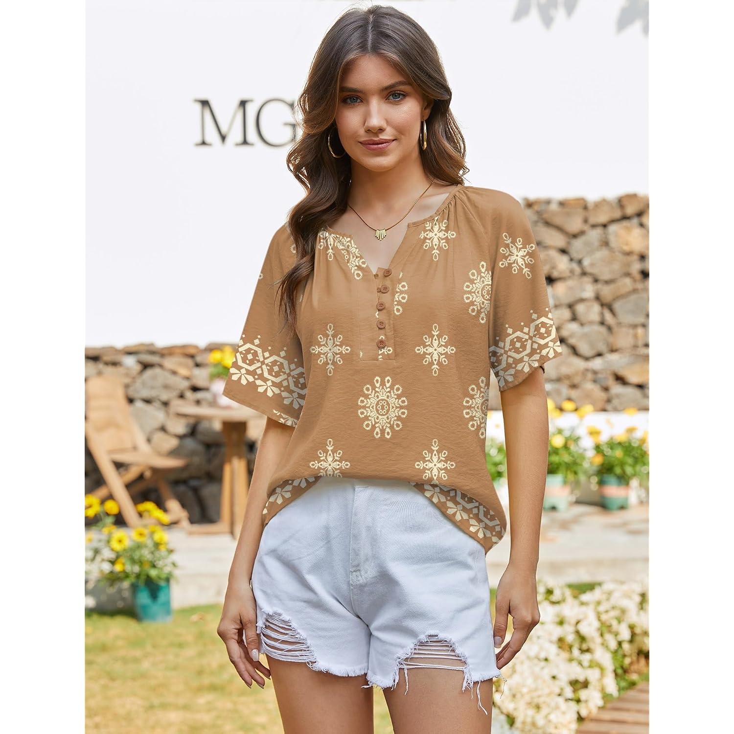 Rapbin Womens Summer Boho Tops Casual Short Sleeve Blouses Button Down Shirts 2026 Beach Vacation Clothes