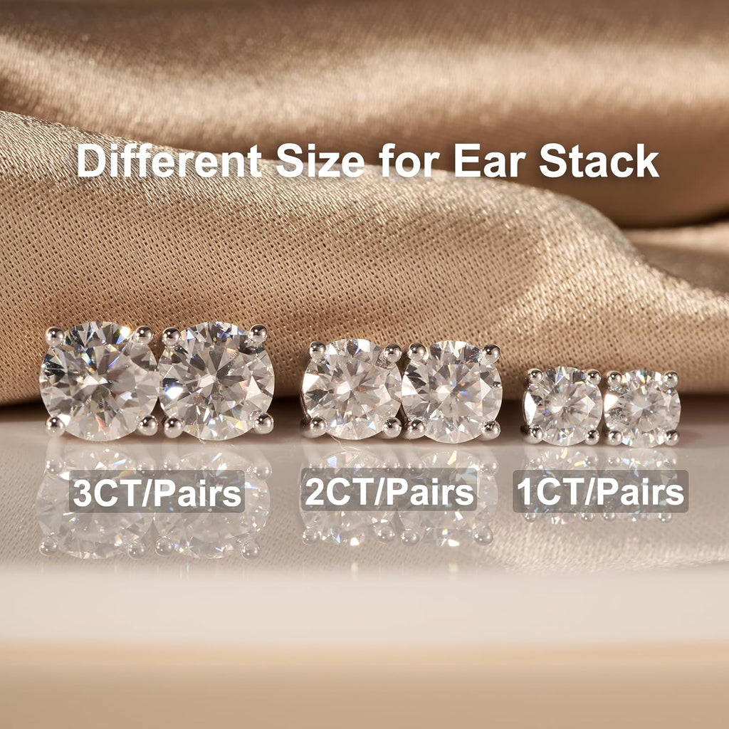 YODEWA 1/2/3ct Moissanite Stud Earrings for Women 925 Sterling Silver Hypoallergenic Butterfly Back 1 Pair DEF Color Lab Created Brilliant Round Moissanite Earrings