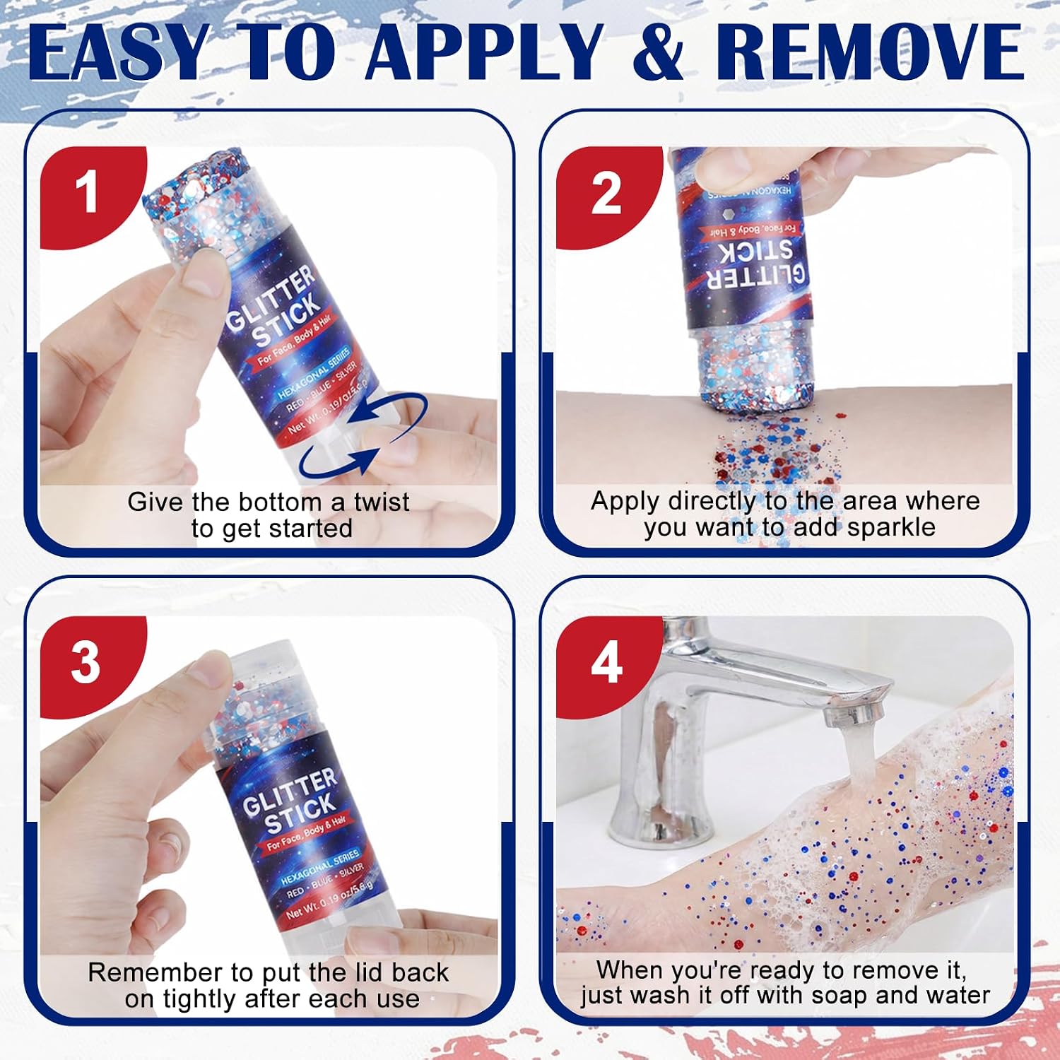 Red White Blue Glitter Stick - Hexagonal Patriotic Body Face Glitter Gel Makeup For Women Kids - Hypoallergenic Alcohol Free Hair Glitter For 4Th Of July, 250Th Independence Day Outfits, Soccer Game