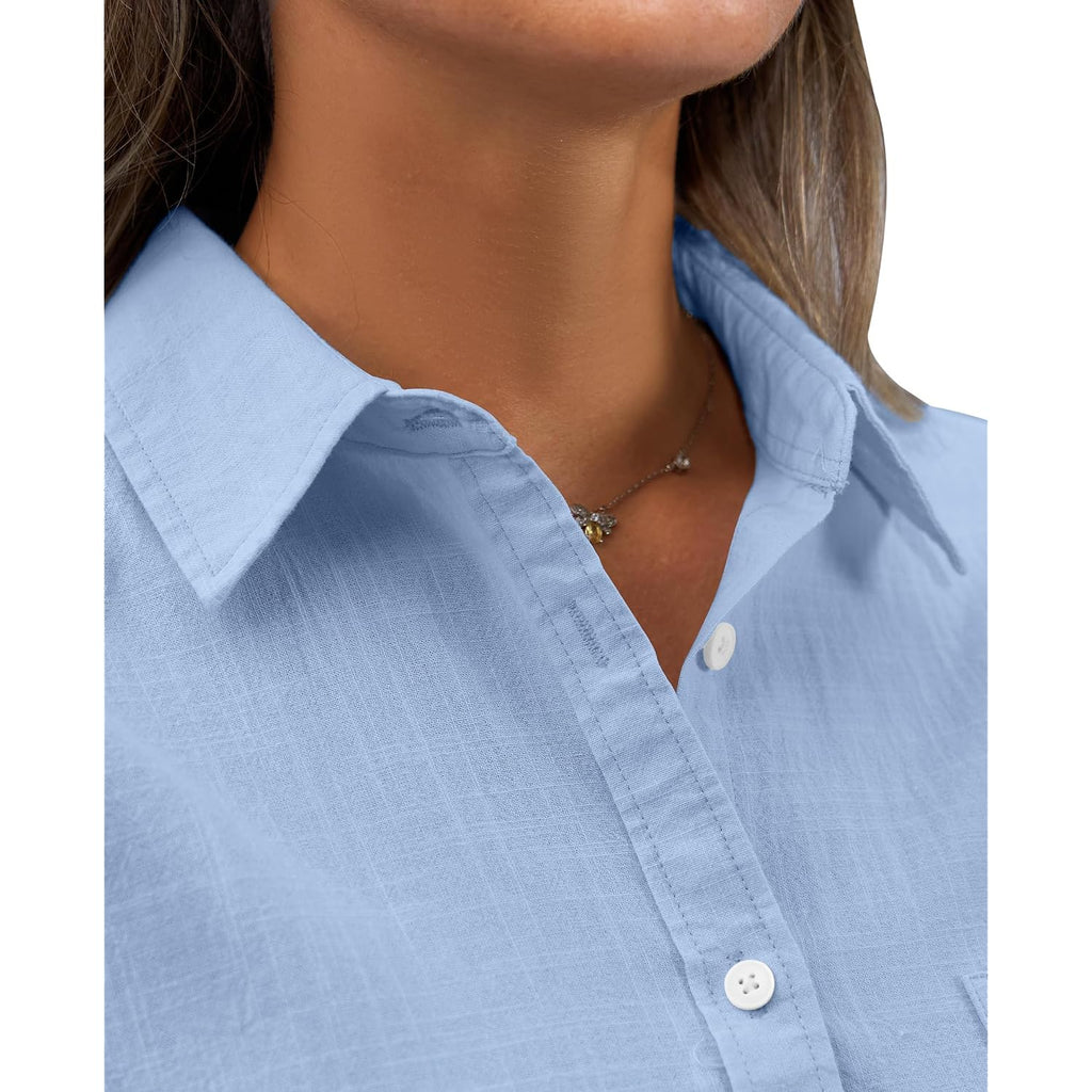 Siliteelon Womens Button Down Shirt Linen Button Up Shirts For Women Long Sleeve Summer Shirt Collared Blouse Linen Tops
