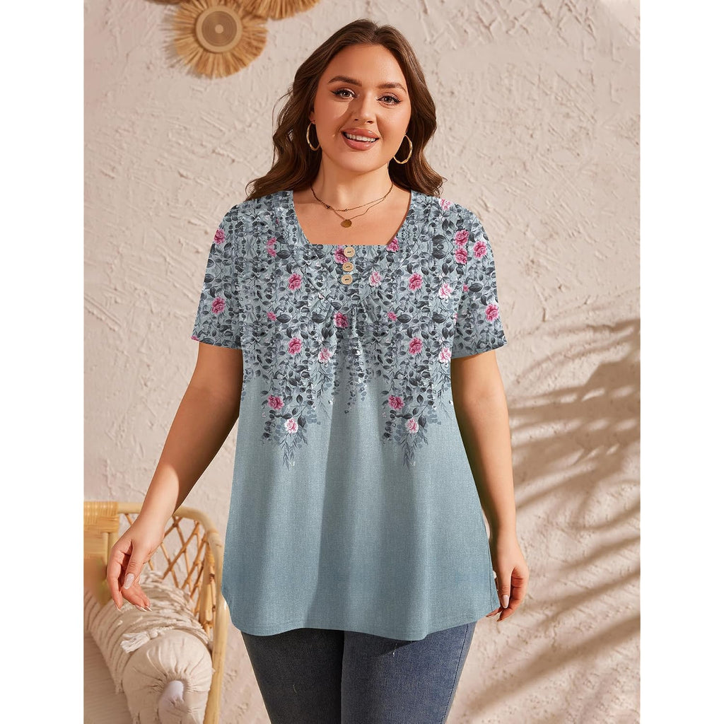 Womens Plus Size Short Sleeve Tops V Neck Button Up Shirts Printed Pleated Blouses Loose Fit Dressy Casual Tees 1X-5X