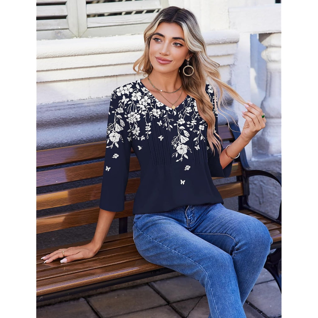 Zeagoo 3/4 Length Sleeve Womens Tops Casual V Neck Pleated Top Boho Floral Blouses Work Shirts