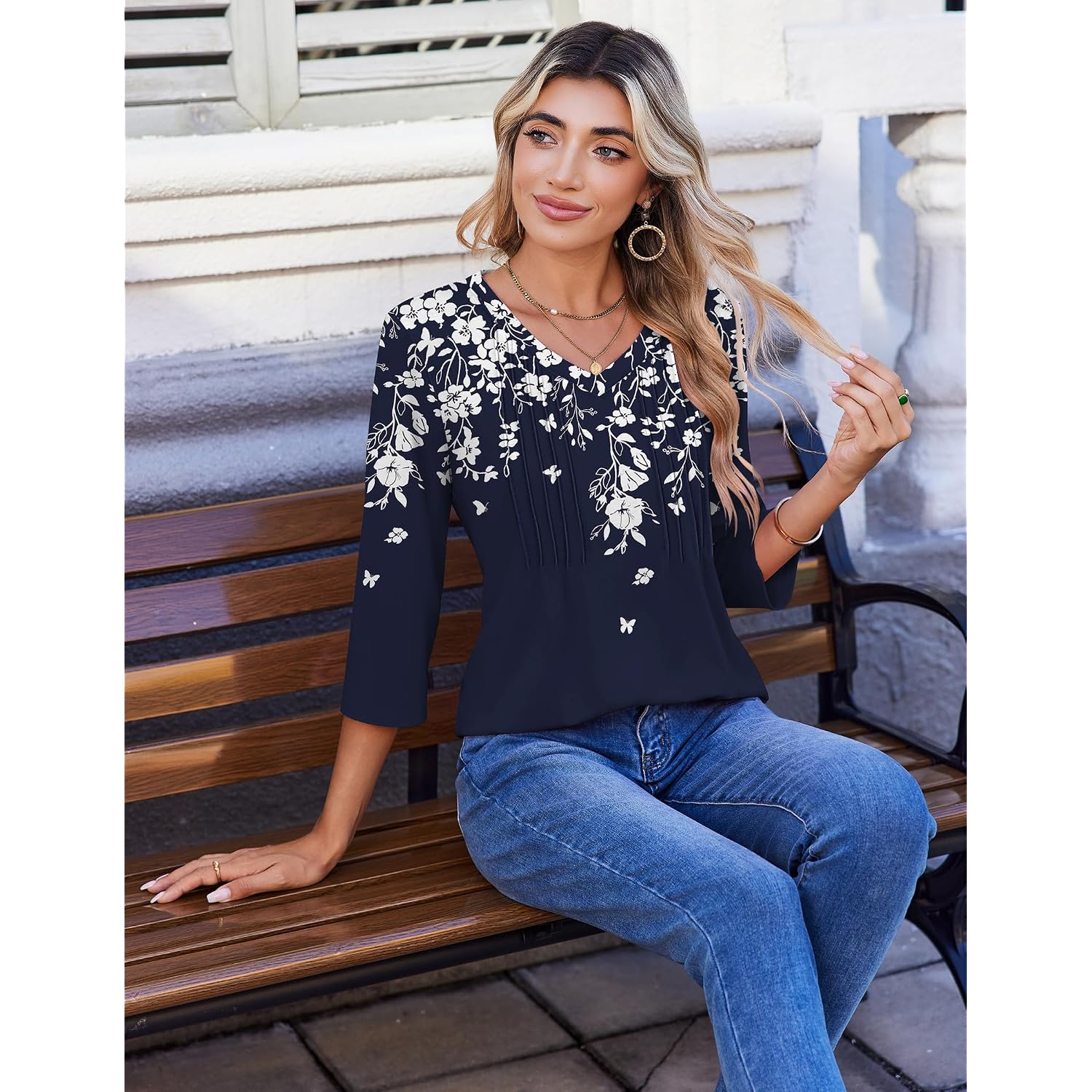 Zeagoo 3/4 Length Sleeve Womens Tops Casual V Neck Pleated Top Boho Floral Blouses Work Shirts