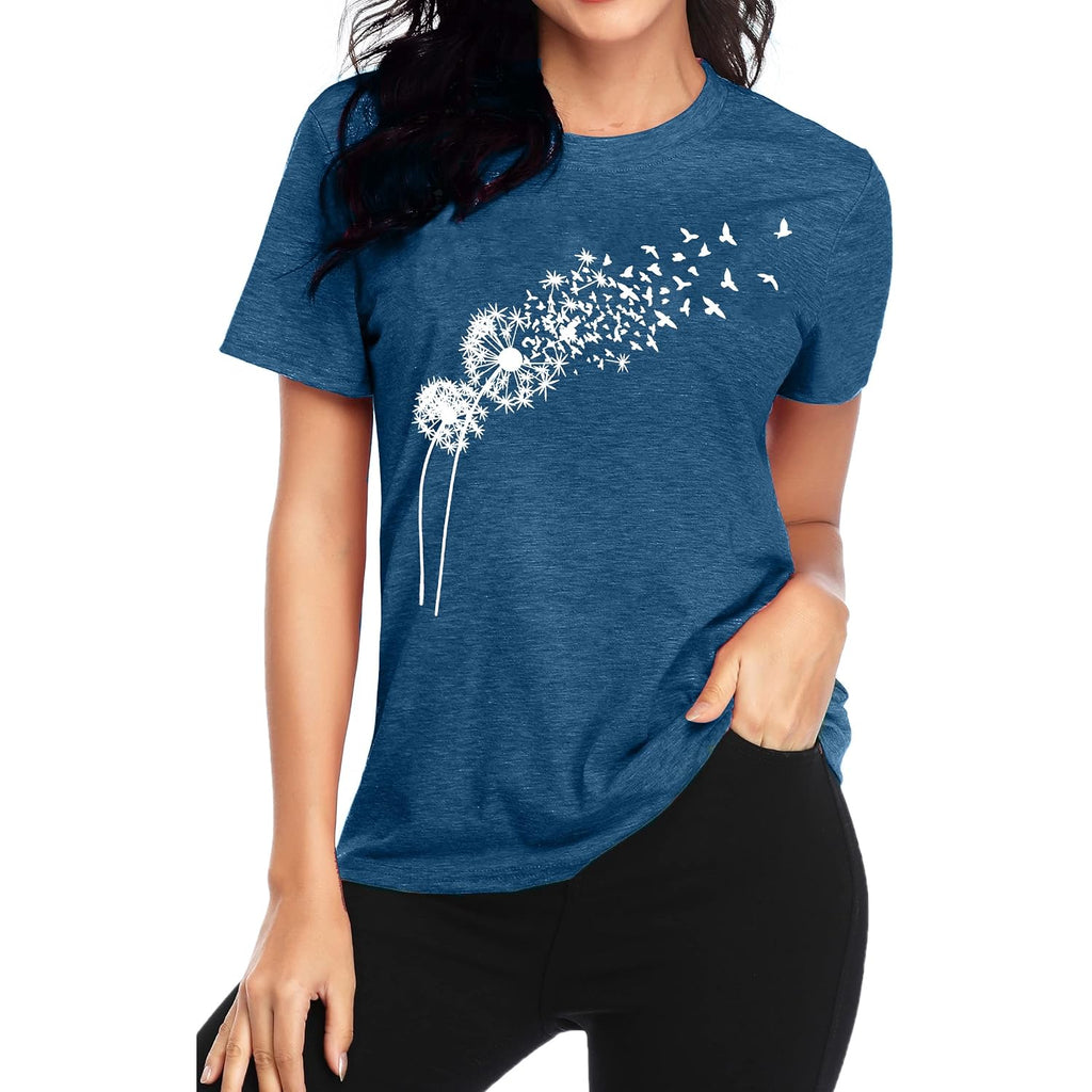 Womens Dandelion Shirts Boho Flower Graphic Tee Scatter Kindness T Shirts Casual Summer Floral Tops Blue
