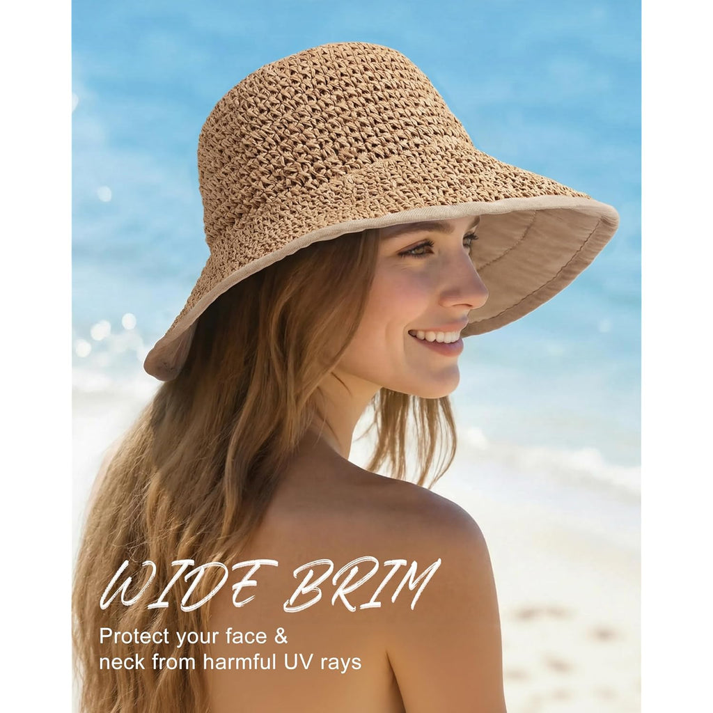 Senker Fashion Sun Hats for Women UV Protection Handmade Wide Brim Packable Straw Bucket Hat for Beach Summer Vacation Travel