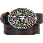 Western-Cowboy-Leather-Belts for Women Turquoise-Oval-Buckle Embossed Cowgirl Belt for Jeans Pants Fit for 27"-41"