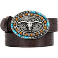 Western-Cowboy-Leather-Belts for Women Turquoise-Oval-Buckle Embossed Cowgirl Belt for Jeans Pants Fit for 27"-41"