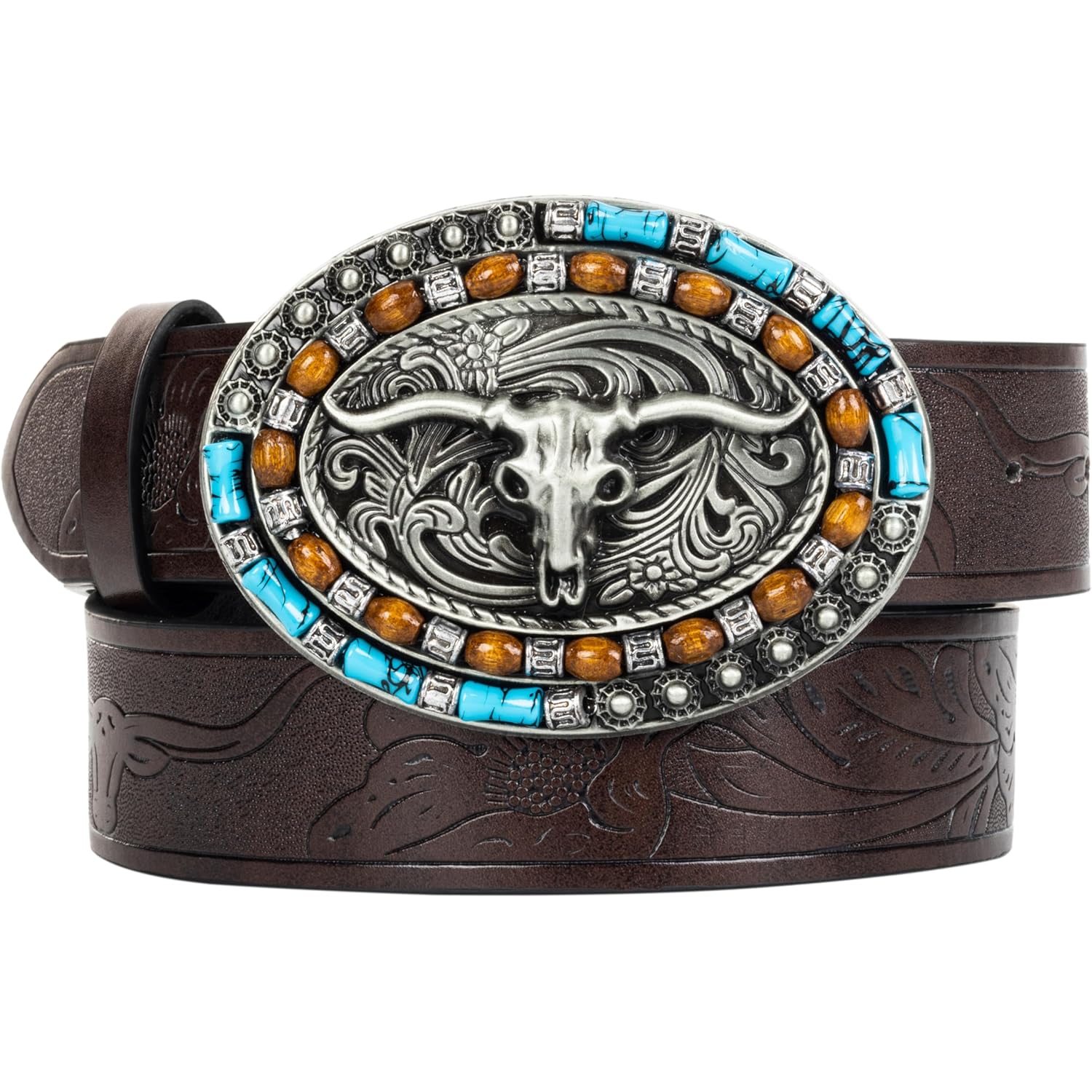 Western-Cowboy-Leather-Belts for Women Turquoise-Oval-Buckle Embossed Cowgirl Belt for Jeans Pants Fit for 27"-41"