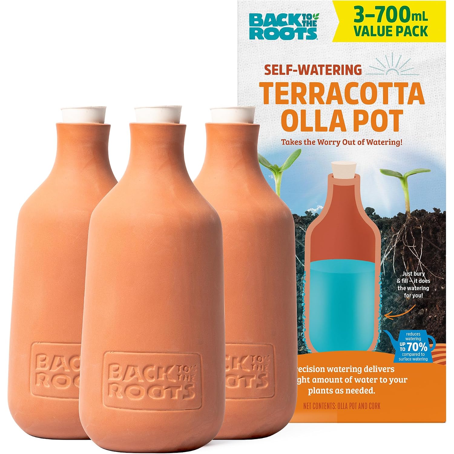 Back To The Roots Self-Watering Terracotta Olla Pot (Pack Of 3), 700Ml Provides 1 Week Of Precision Watering