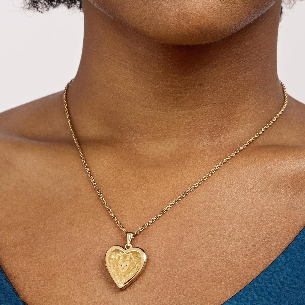 PicturesOnGold.com 14K Gold Filled Floral Heart Photo Locket with Diamond - 3/4 inch x 3/4 inch - Includes 18 inch Chain