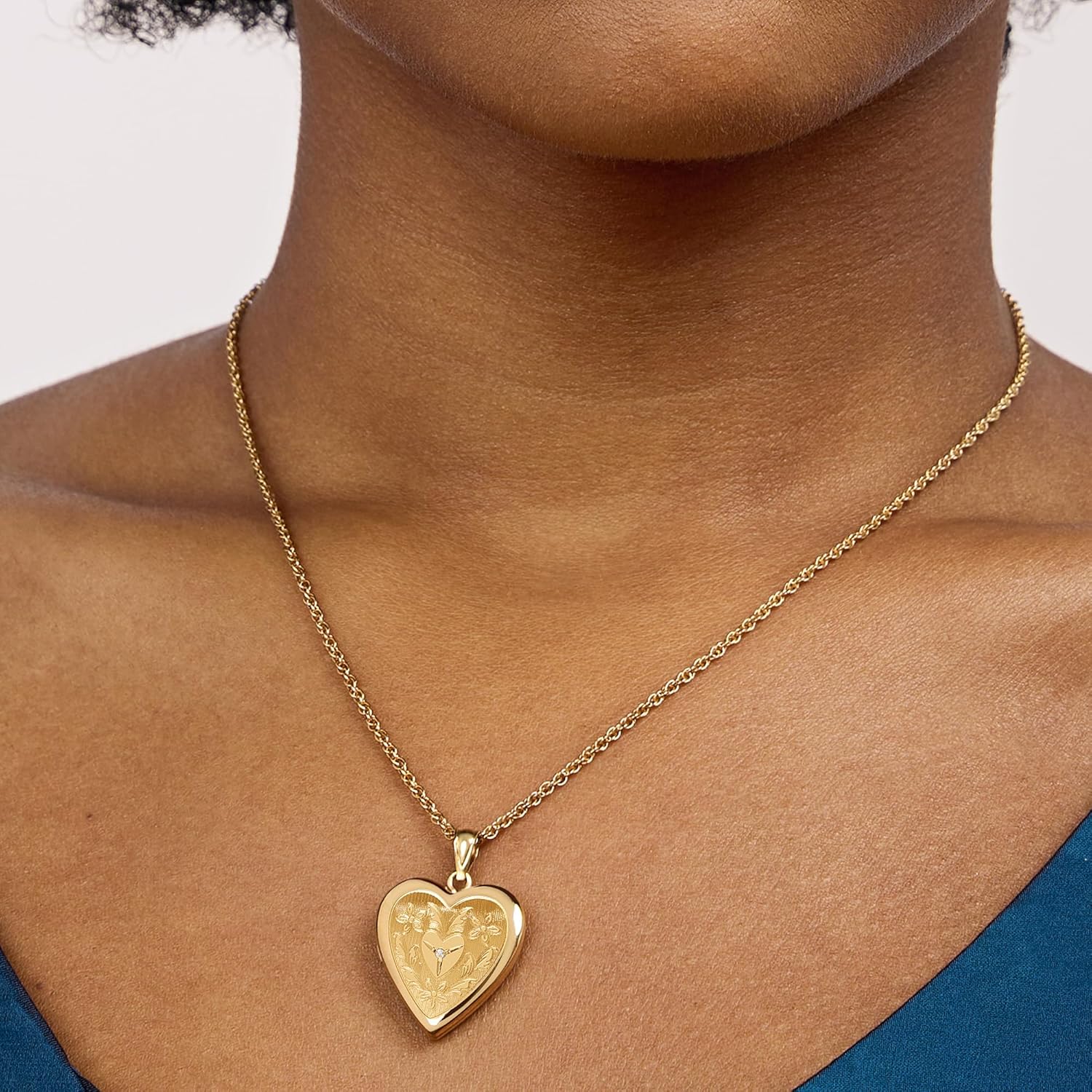 PicturesOnGold.com 14K Gold Filled Floral Heart Photo Locket with Diamond - 3/4 inch x 3/4 inch - Includes 18 inch Chain