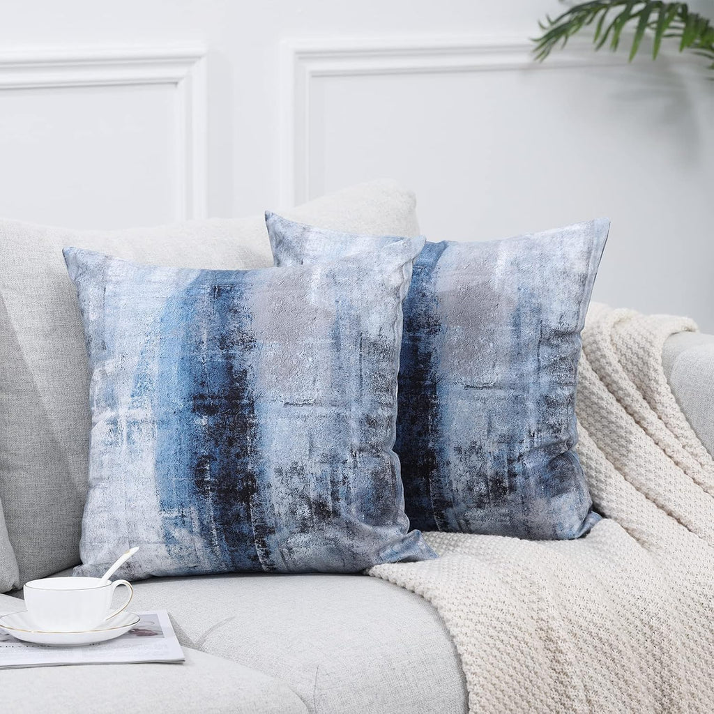 Blue And Grey Abstract Art Artwork Pillow Cover, Gallery Modern Decorative Throw Pillows Cushion Cover For Bedroom Sofa Living Room 18 X 18 Inch Set Of 2