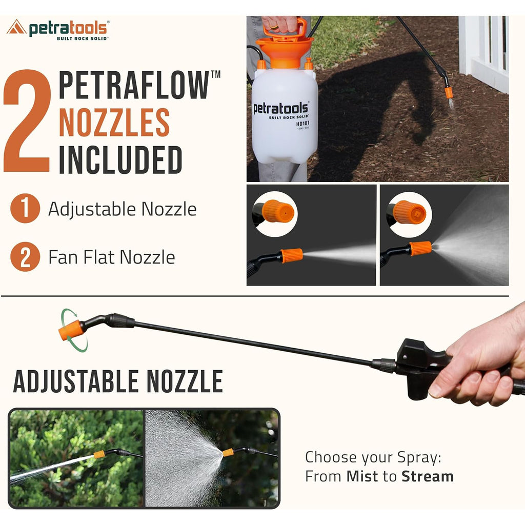 Petratools 1 Gallon Pump Sprayer – Hd101 Garden Sprayer For Weeds, Lawn Care & Pesticides – 52” Long Hose, 2 Nozzles & Easy Carry Handle – Durable & Lightweight