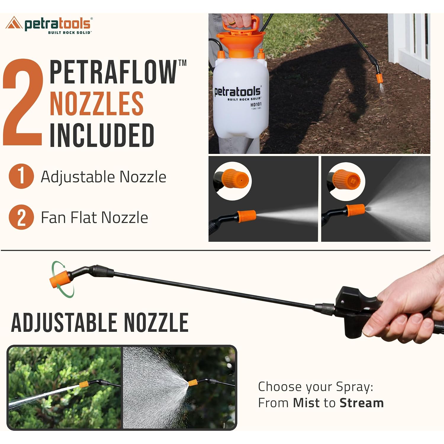 Petratools 1 Gallon Pump Sprayer – Hd101 Garden Sprayer For Weeds, Lawn Care & Pesticides – 52” Long Hose, 2 Nozzles & Easy Carry Handle – Durable & Lightweight