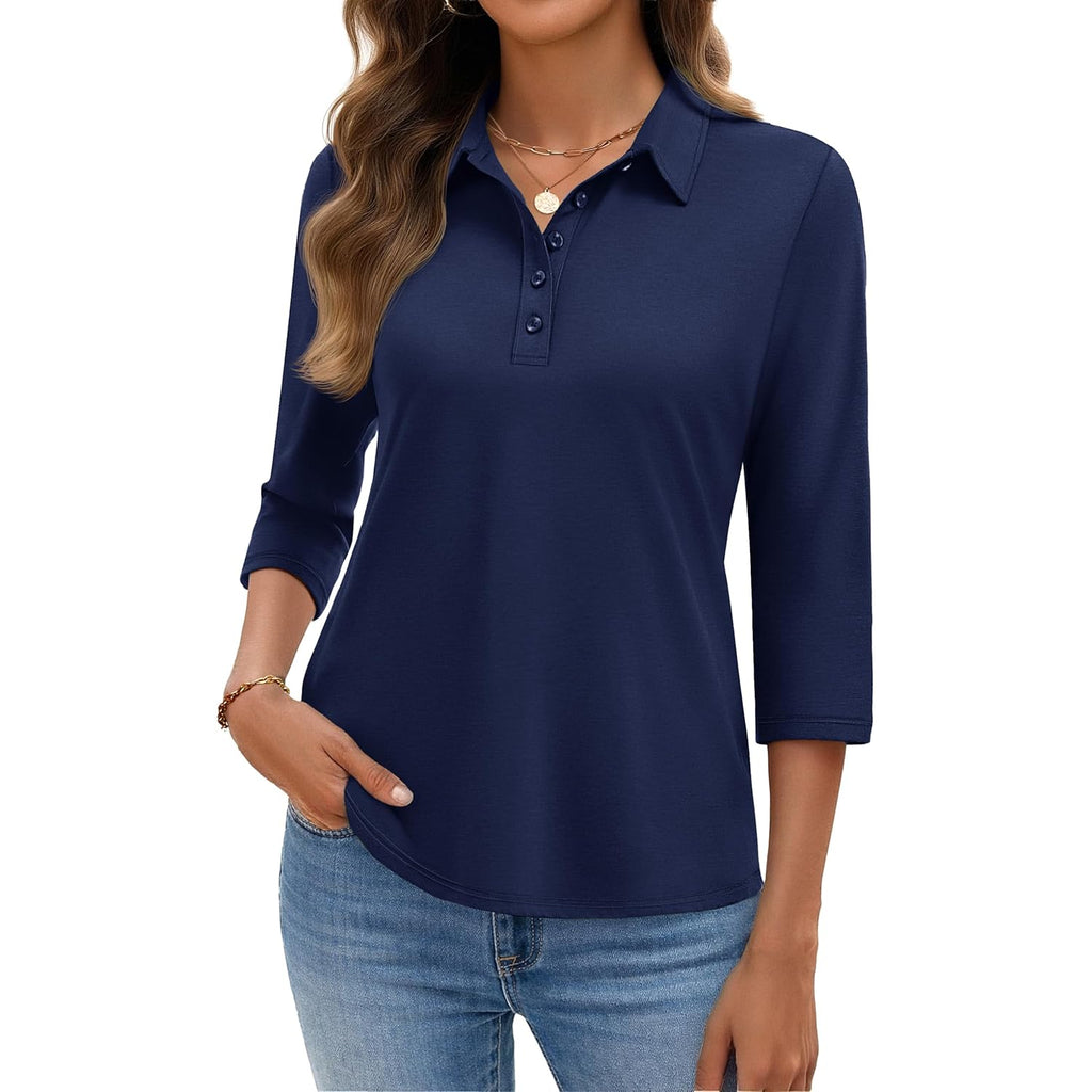 Polo Shirts for Women 3/4 Sleeve Tops Golf Tees 5-Button Collared Cotton Shirt Business Casual