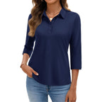 Polo Shirts for Women 3/4 Sleeve Tops Golf Tees 5-Button Collared Cotton Shirt Business Casual