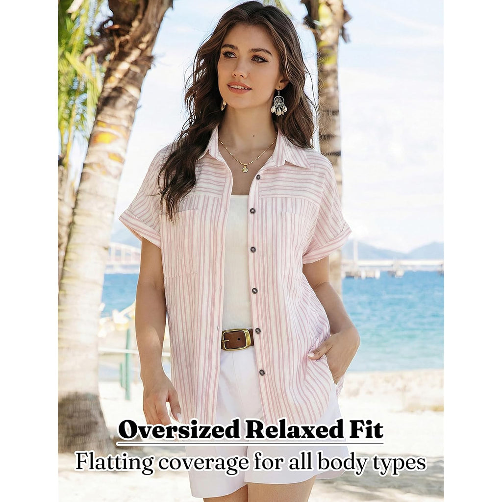 Button Down Shirt For Women Short Sleeve Blouses Dressy Casual Business Work Summer Vacation Tops Hawaii Shirts With Pockets
