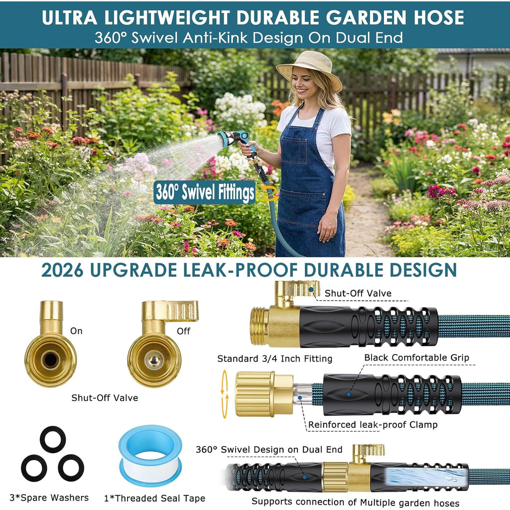 Garden Hose 100 Ft, Non-Expandable Lightweight Water Hose, 360° Swivel Anti-Kink Fittings, 10-Pattern Spray Nozzle & Shut-Off Valve, Flexible Water Hose For Yard, Lawn, Car Wash, Blue