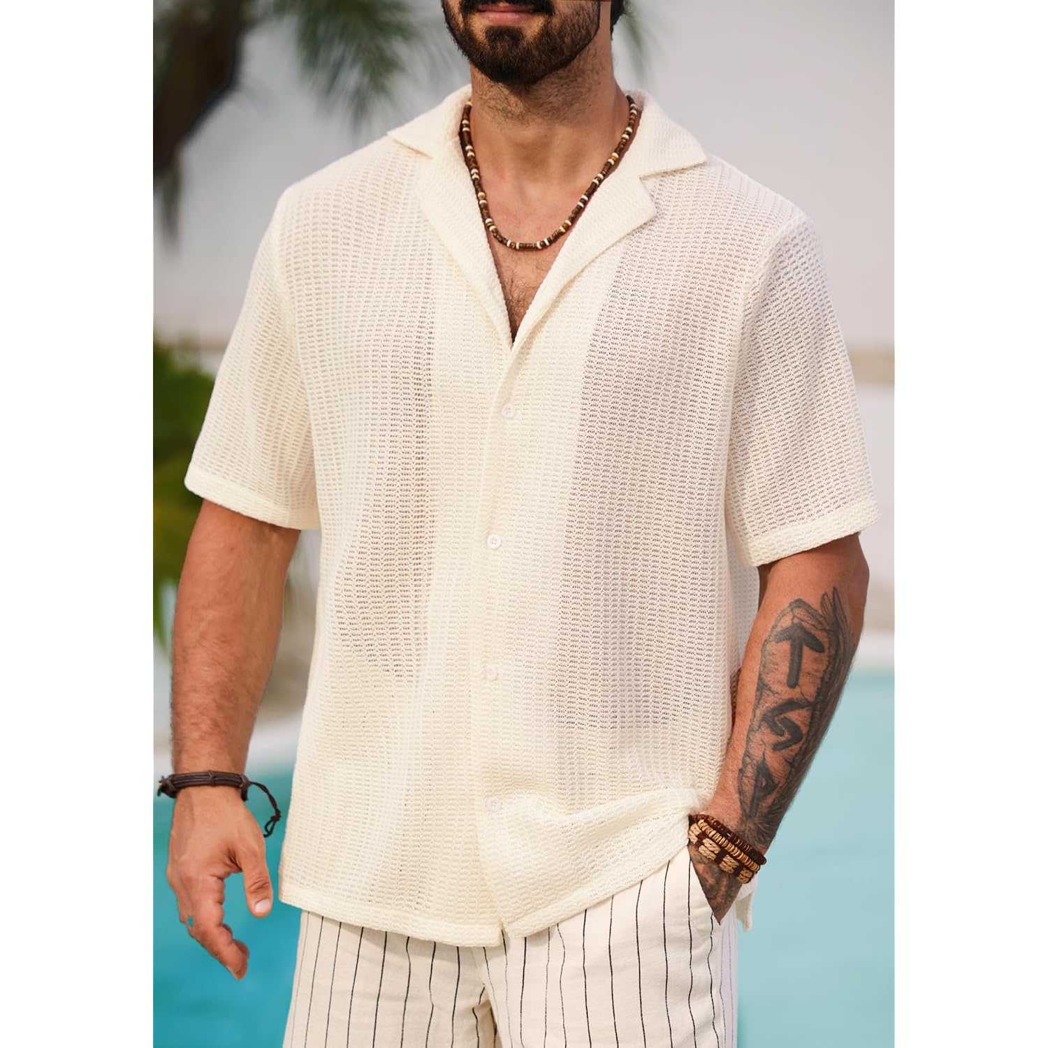 Herberton Mens Crochet Shirts Summer Fashion Knit Mesh Button Down Casual Cuban Top (S-Xxl)