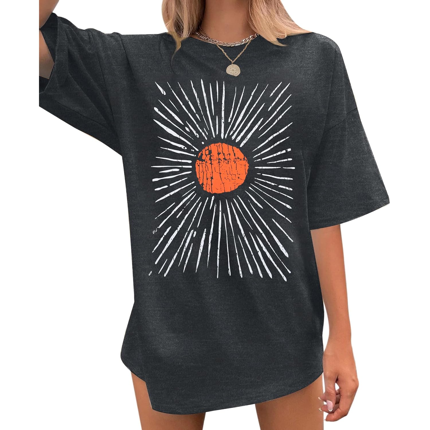 Womens Oversized Tee Shirts Vintage Sunshine Graphic Tees Hiking T-Shirts Boho Summer Short Sleeve Top Dark Grey