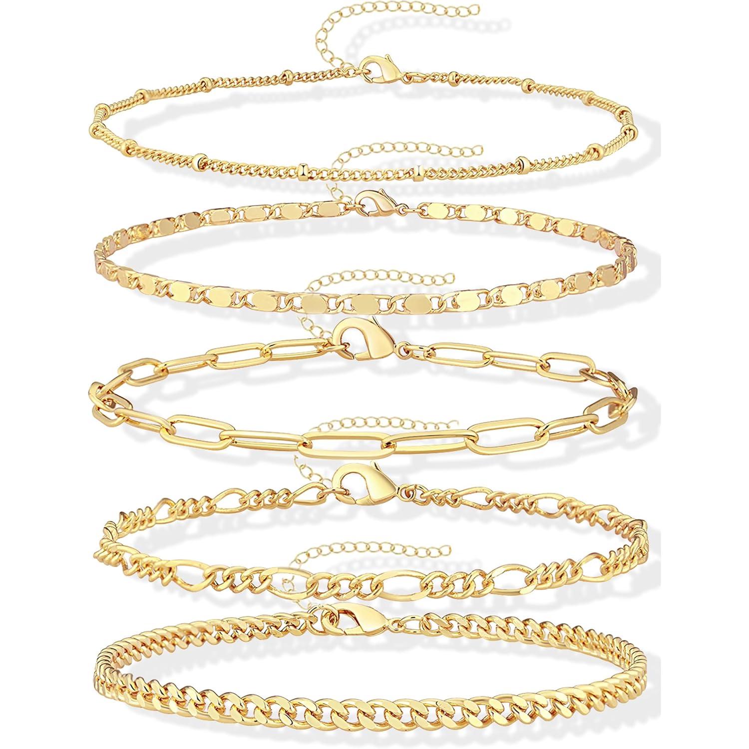 Gokeey Ankle Bracelets for Women, 14k Gold Plated Jewelry Set Waterproof Layered Cuban Figaro Link Chain Anklets Set Gold Anklets Summer Boho Beach Jewelry Gift Adjustable Size