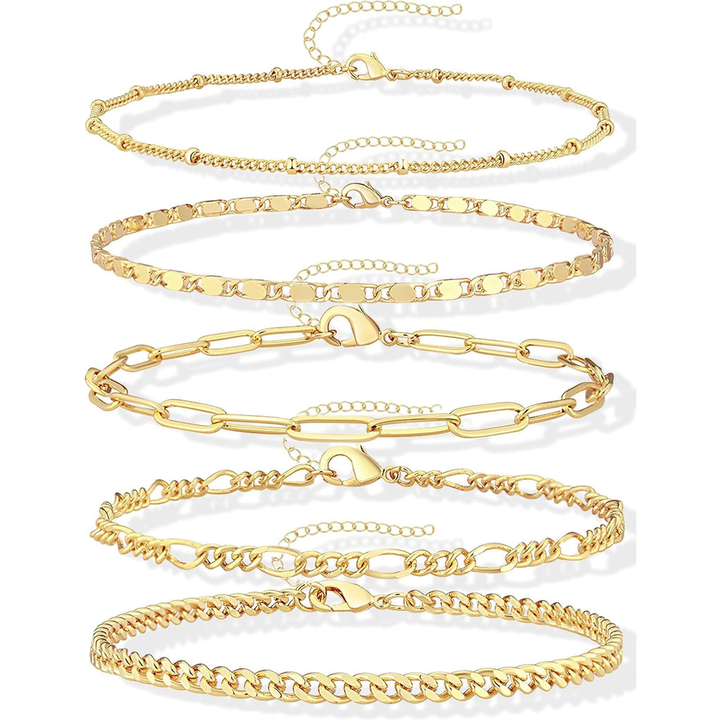Gokeey Gold Bracelets Set for Women Non Tarnish Trendy,14K Gold Plated Dainty Stackable Paperclip Cuban Link Chain Bracelets, Simple Cute Cuff Bracelets Jewelry Set Adjustable 7"+2"