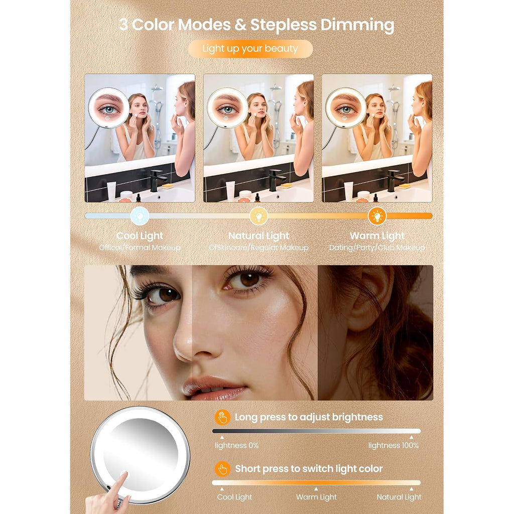 10X Makeup Mirror With Lights, Flexible Magnifying Mirror 3 Light Modes | Wall-Mounted Lighted Vanity Makeup Mirror, Cordless Battery Operated Led Mirror With Suction Cups For Shower Bathroom