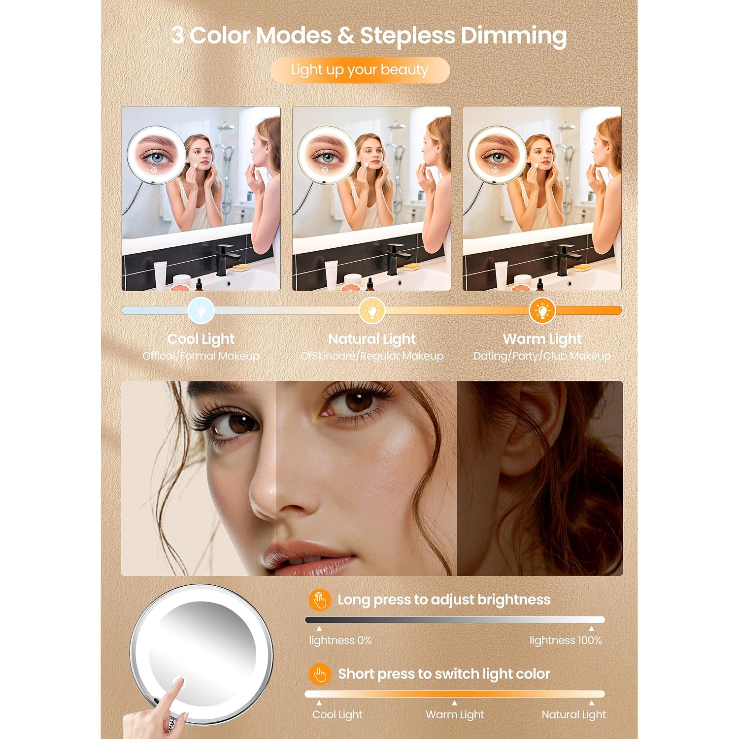 10X Makeup Mirror With Lights, Flexible Magnifying Mirror 3 Light Modes | Wall-Mounted Lighted Vanity Makeup Mirror, Cordless Battery Operated Led Mirror With Suction Cups For Shower Bathroom