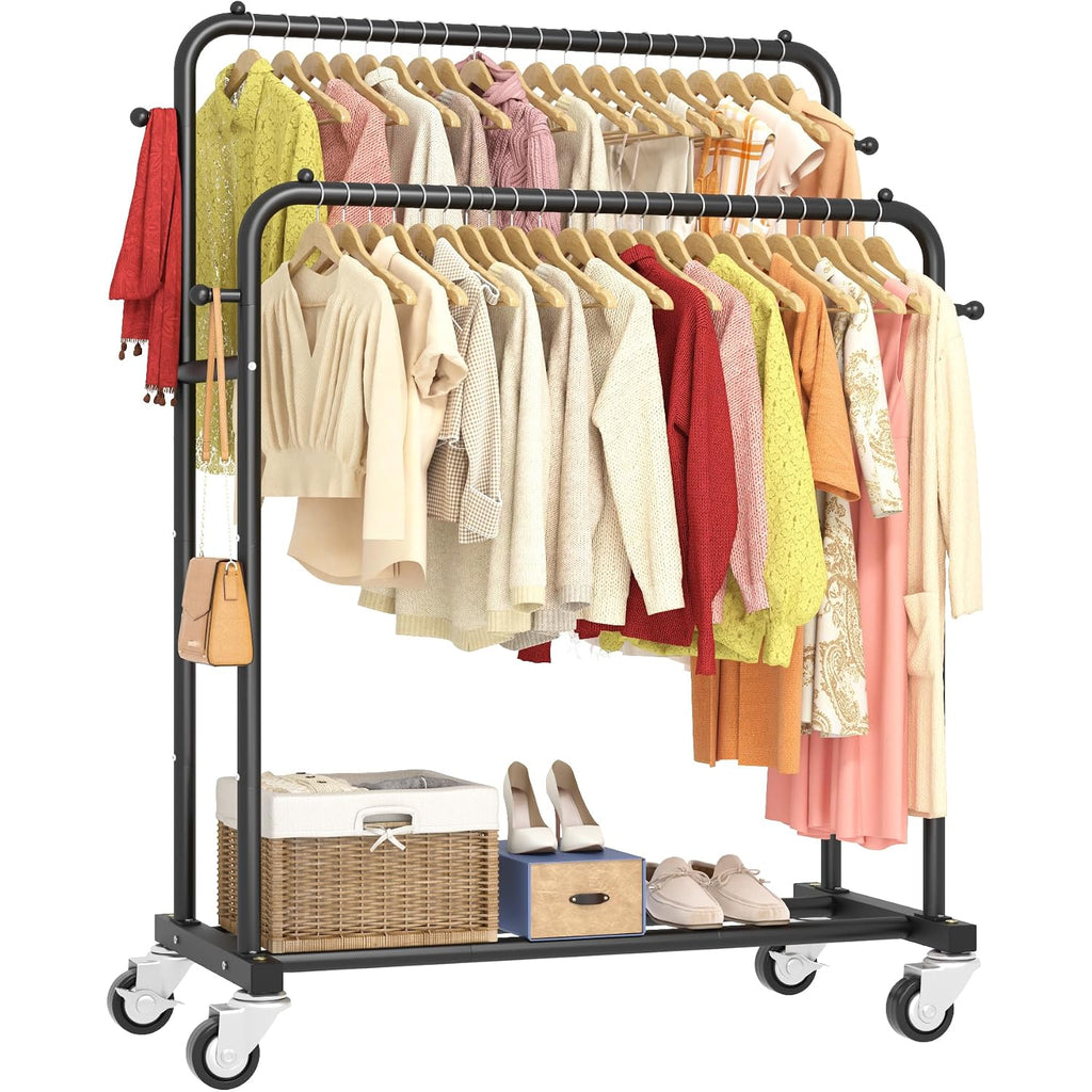 Laiensia Double Rods Garment Rack With Wheels, Clothing Rack For Hanging Clothes,4 Hooks, Multi-Functional Bedroom Clothes Rack, Black