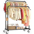 Laiensia Double Rods Garment Rack With Wheels, Clothing Rack For Hanging Clothes,4 Hooks, Multi-Functional Bedroom Clothes Rack, Black
