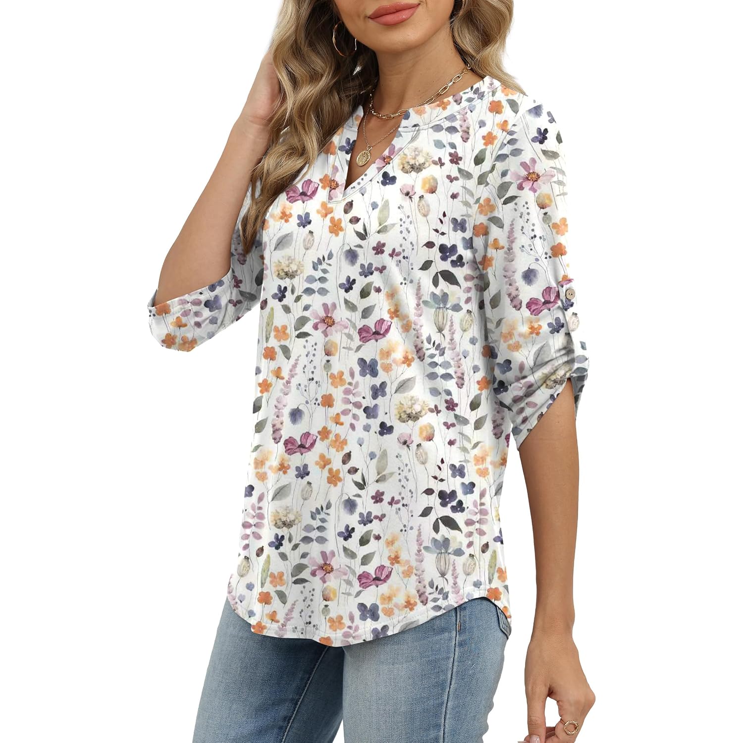 XIEERDUO 3/4 Length Sleeve Womens Tops V Neck T Shirts Both Side Buttons Blouses Business Casual Outfits Loose Fit