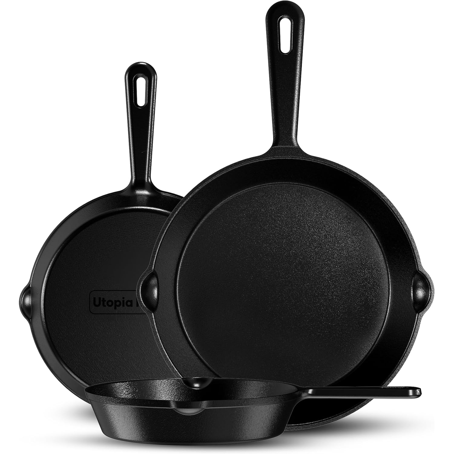 Utopia Kitchen Cast iron Skillets 3 Piece Set, Chefs Pan, Pre Seasoned Cast iron Skillets, 6, 8 & 10 Inches, Easy Use in the Oven, Stove, Grill, or Campfire, Black