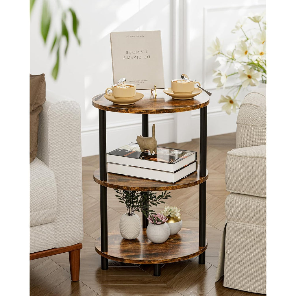 Round Small Side Table - 3 Tier Oval Accent Table for Small Spaces, Rustic Wood and Metal Couch End Table, Nightstand for Bedroom or End Table Living Room, Easy to Assemble, Rustic Brown