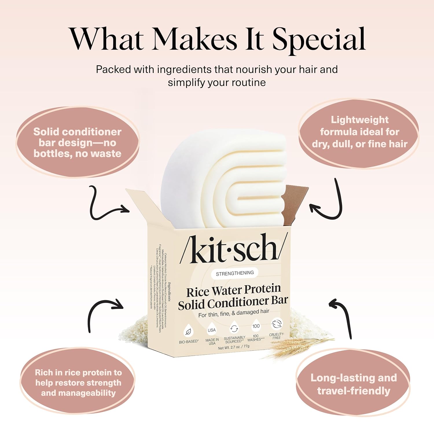 Kitsch Rice Water Conditioner Bar for Hair Growth – Rice Protein Hair Conditioner to Repair Damage, Prevent Split Ends & Boosts Shine – Paraben, Silicone & Sulfate-Free Hair Care - Made in USA, 2.7 oz