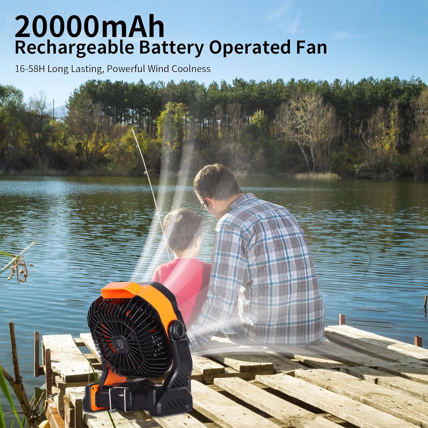Westtree 20000Mah Battery Powered Fan Camping Fan Essentials Portable Fan Battery Operatedrechargeable Outdoor Tent With Light & Hook Personal Usb Desk For Camping,Orange
