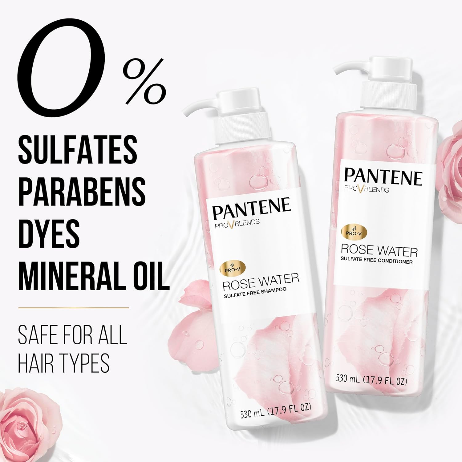 Pantene Sulfate Free Shampoo and Conditioner Set, Rose Water, Soothing and Moisturizing, Infused with Vitamin B5, for all Hair Types, Safe for Color Treated Hair, Pro-V Blend, 17.9 Fl Oz Each, 2 Pack